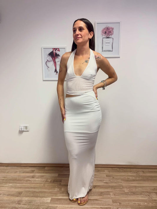 Vestito aderente bianco con trasparenze