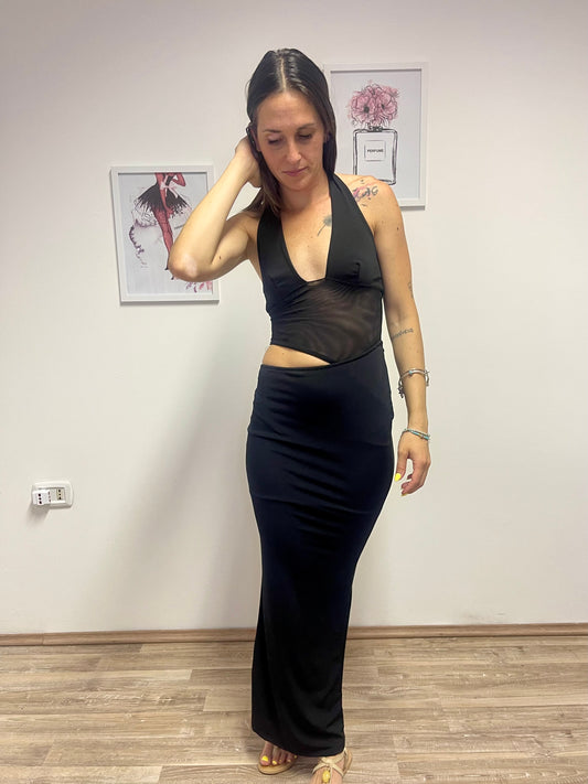 Vestito aderente nero con trasparenze