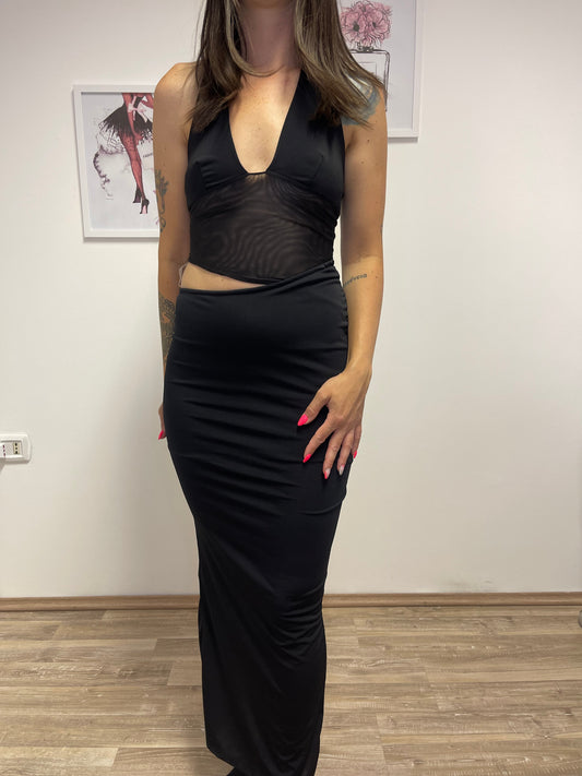 Vestito aderente nero con trasparenze
