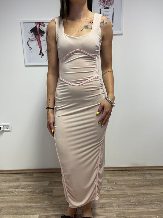 Vestito beje con cuciture rosa