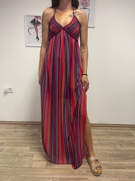 Vestito a righe con spacco laterale viola