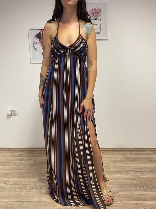 Vestito a righe con spacco laterale marrone
